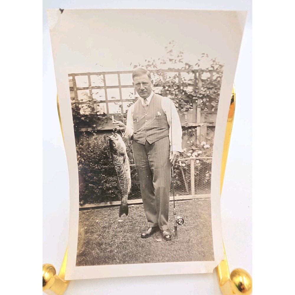 Vintage Black And White Dating Profile Picture *Man With Fish* 4.5" X 2.75"